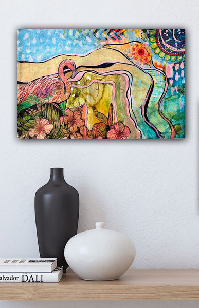 Mixed media on Art Canvas  -Pink Flamingo