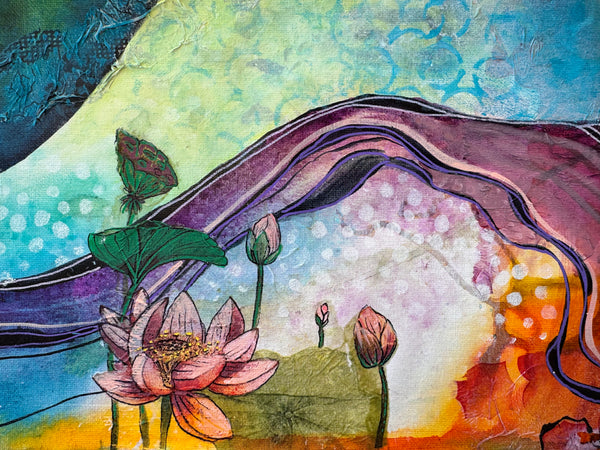 Mixed Media mini painting on art canvas-Pink Lotus